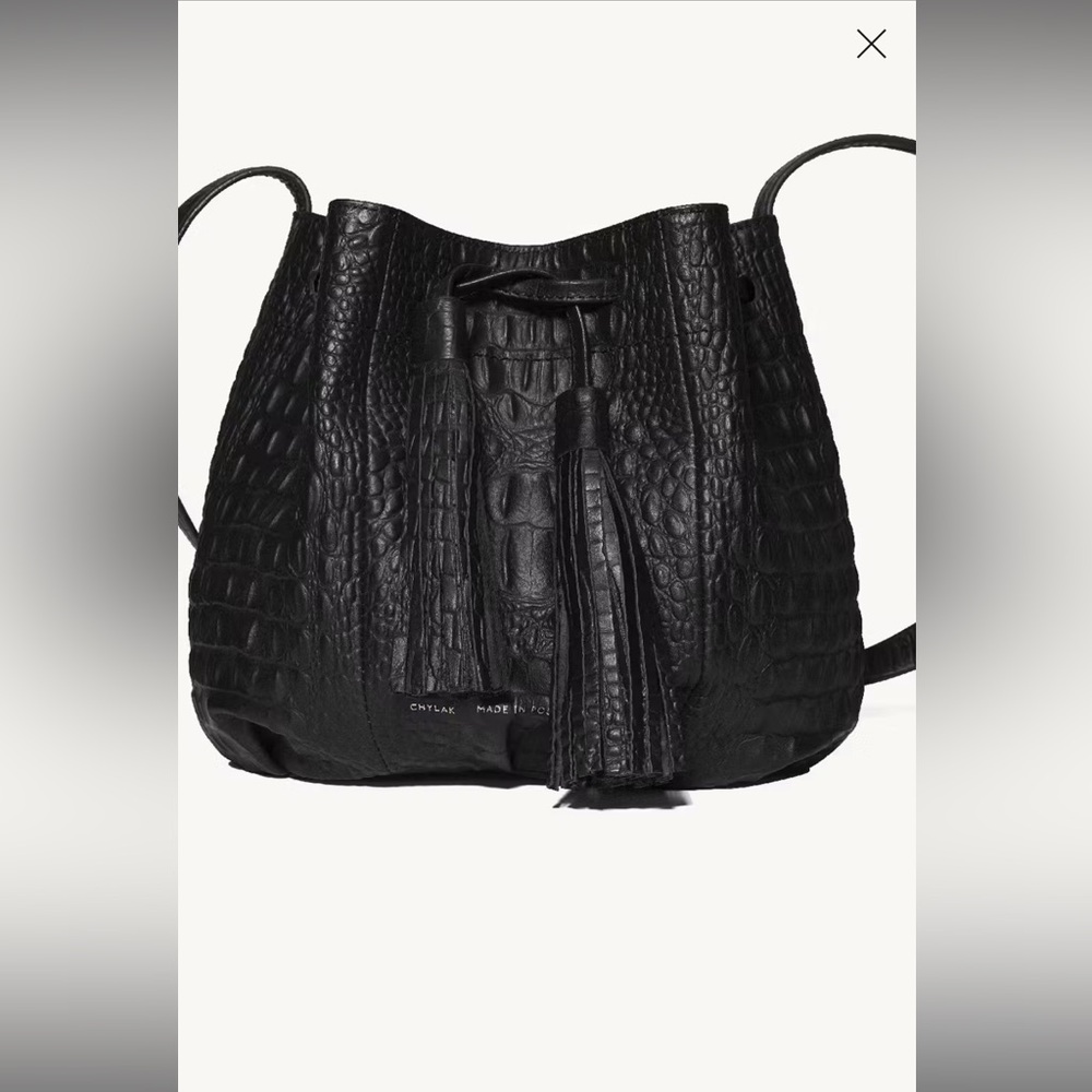 Chylak Croc embossed black leather bucket bag medium sized